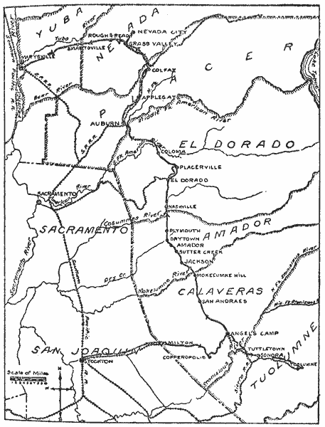 Map of the "Bret Harte Country," Showing the Route Taken by the Writer, With the Towns, Important Rivers, and County Boundaries of the Country Traversed