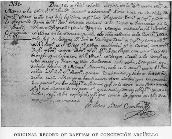 Original Record of Baptism of Concepción Argüello