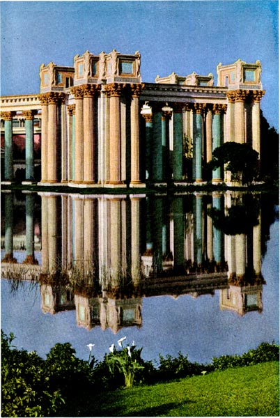 Colonnade of The Palace of Fine Arts reflected in the Lagoon.