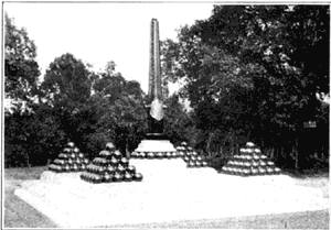 U. S. monument and marker on battlefield of Shiloh, indicating spot where General Johnston fell.